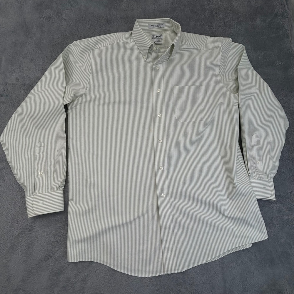 L.L.Bean Wrinkle Resistant Dress Shirt Men 16-34 Green Stripe Cotton